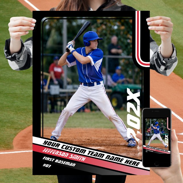 Baseball Player Custom Gift in Red Poster (Baseball Player Poster in Black with Custom Team Name and White Red Stripes)