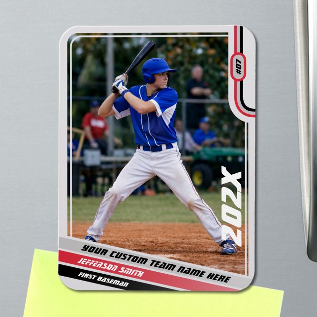 Baseball Player Custom Red Magnet (Baseball Player Magnet in Light Grey with Custom Team Name and Black Red Stripes)
