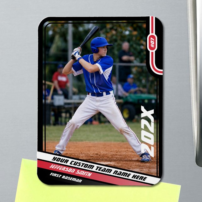 Baseball Player Custom Red Magnet (Black Baseball Player Magnet with Custom Team Name and White Red Stripes)