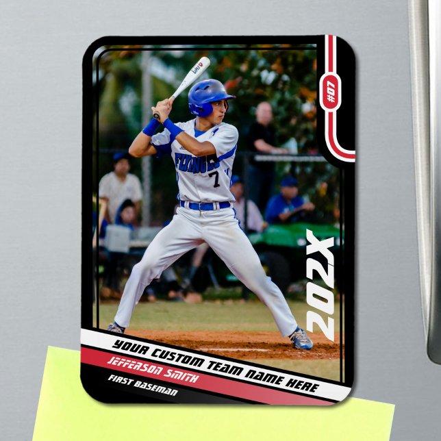 Baseball Player Custom Red Magnet (Black Baseball Player Magnet with Custom Team Name and White Red Stripes)