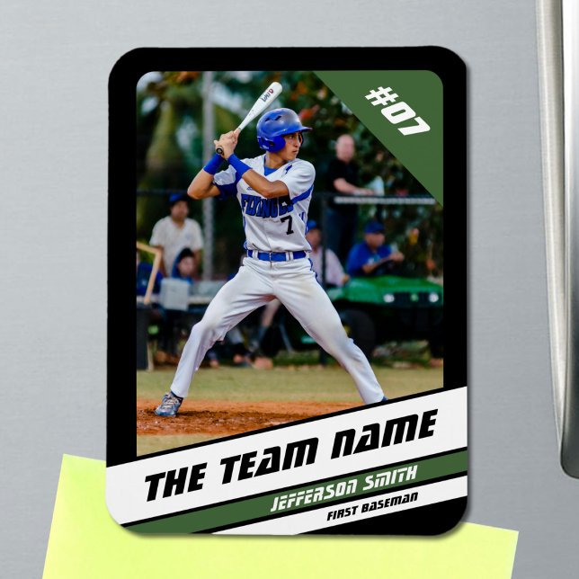 Baseball Player Customisable Black Green Magnet (Baseball Player Magnet in Black with Custom Team Name and White Green Stripes)