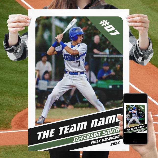 Baseball Player Customisable Gift in White Green Poster (Baseball Player Poster in White with Custom Team Name and Black Green Stripes)