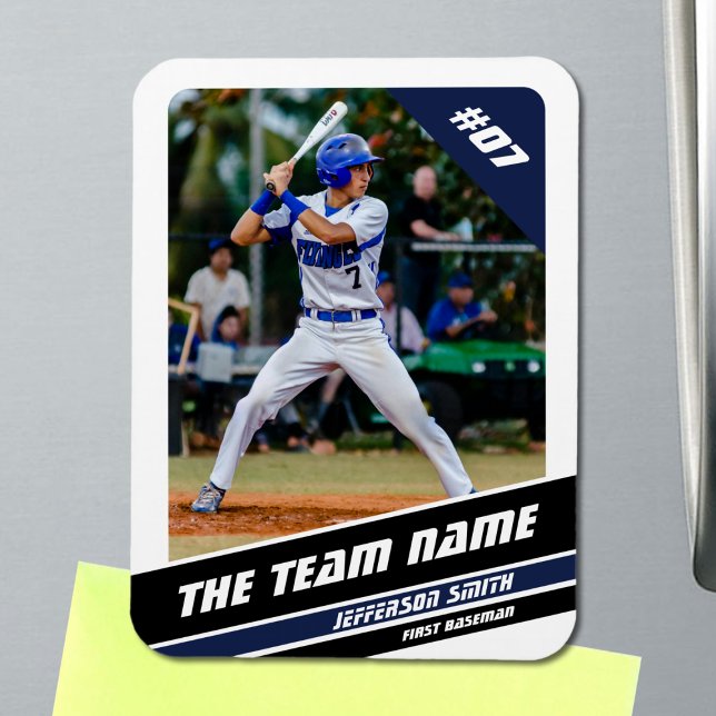 Baseball Player Customisable White Blue Magnet (Baseball Player Magnet in White with Custom Team Name and Black Blue Stripes)