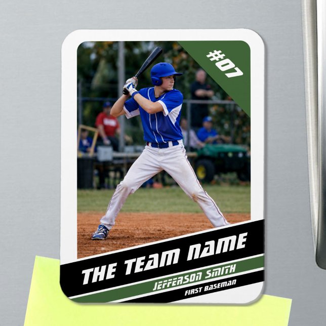 Baseball Player Customisable White Green Magnet (Baseball Player Magnet in White with Custom Team Name and Black Green Stripes)