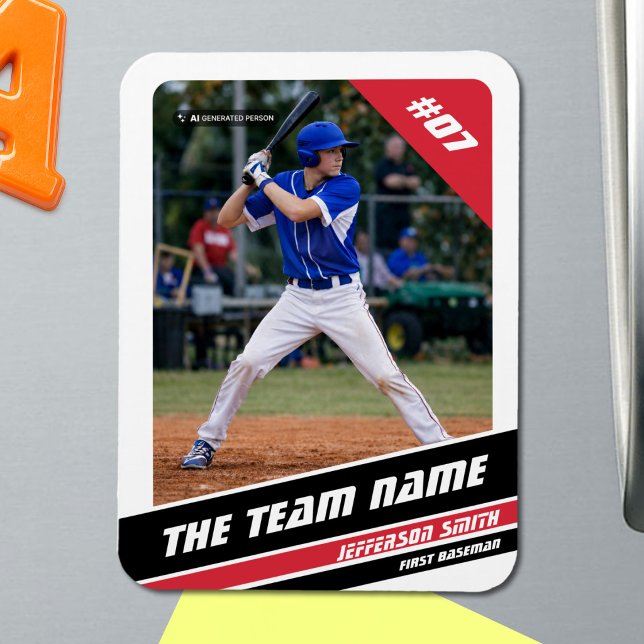 Baseball Player Customisable White Red Magnet (Baseball Player Magnet in White with Custom Team Name and White Red Stripes)