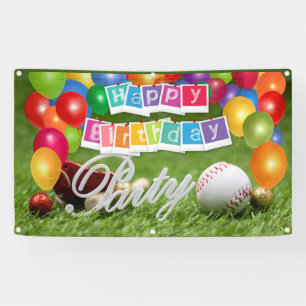 Baseball Player Party Happy Birthday with balloon Banner