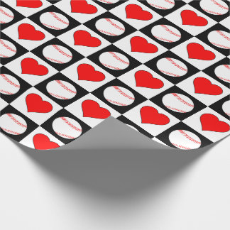 Baseball Player Red Heart Chequered Pattern Wrapping Paper