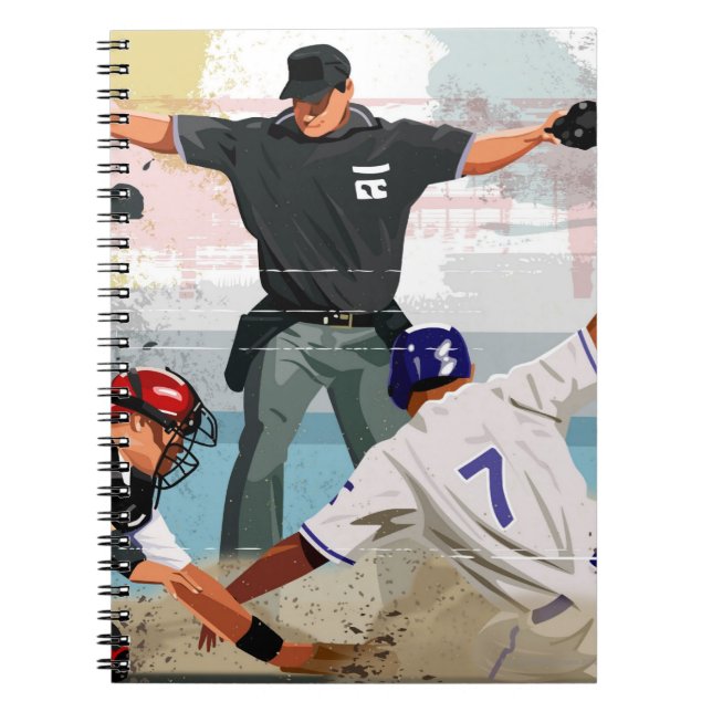 Baseball player safe at home plate spiral notebook (Front)