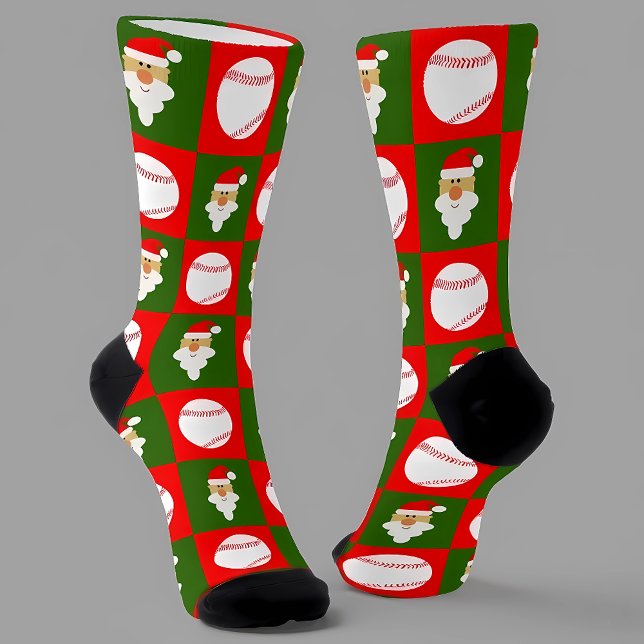 Baseball Player Santa Christmas Pattern Holiday Socks (Baseball Christmas socks with checkered baseball and Santa pattern. A great baseball Christmas gift!)