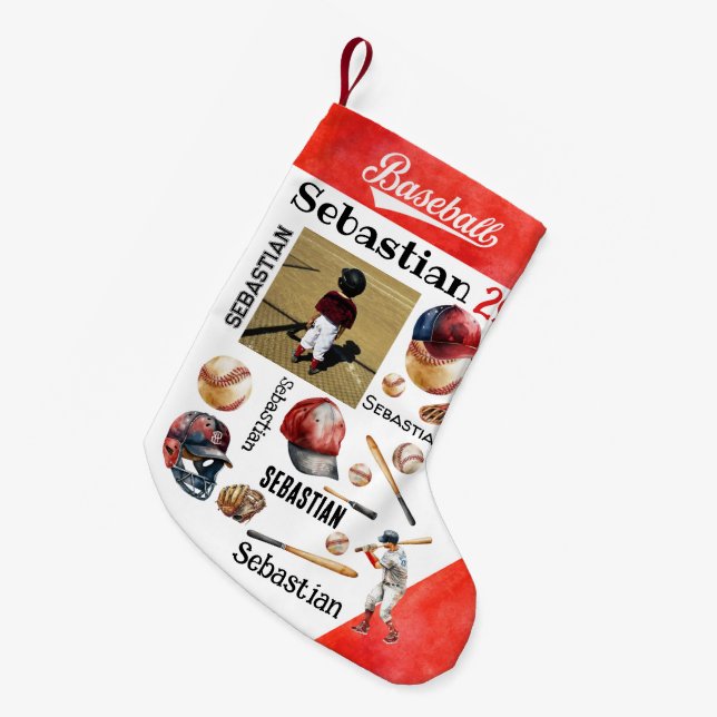 Baseball Player Softball PERSONALIZED Photo & Name Small Christmas Stocking (Front (Hanging))