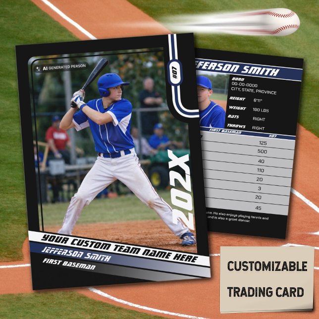 Baseball Player Trading Card Custom Blue Gift (Baseball Player Trading Card in Black with Custom Team Name and Blue White Elements)