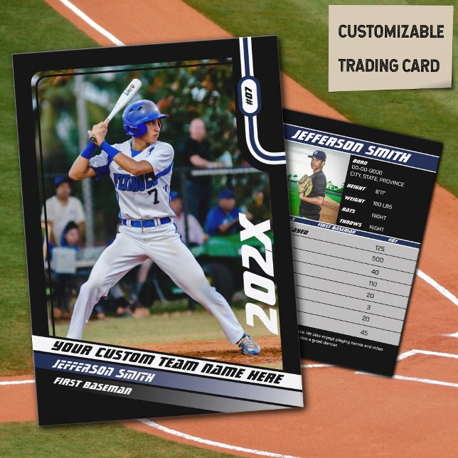 Baseball Player Trading Card Custom Blue Gift (Baseball Player Trading Card in Black with Custom Team Name and Blue White Elements)