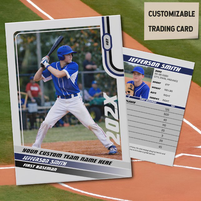 Baseball Player Trading Card Custom Blue Grey (Baseball Player Trading Card in Light Grey with Custom Team Name and Blue and Black Elements)
