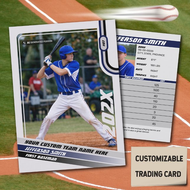 Baseball Player Trading Card Custom Blue Grey (Baseball Player Trading Card in Light Grey with Custom Team Name and Blue and Black Elements)