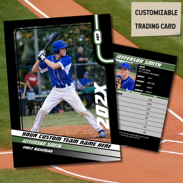 Baseball Player Trading Card Custom Green Gift  (Baseball Player Trading Card in Black with Custom Team Name and Green White Elements)