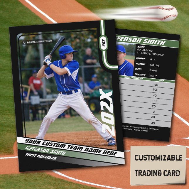 Baseball Player Trading Card Custom Green Gift  (Baseball Player Trading Card in Black with Custom Team Name and Green White Elements)