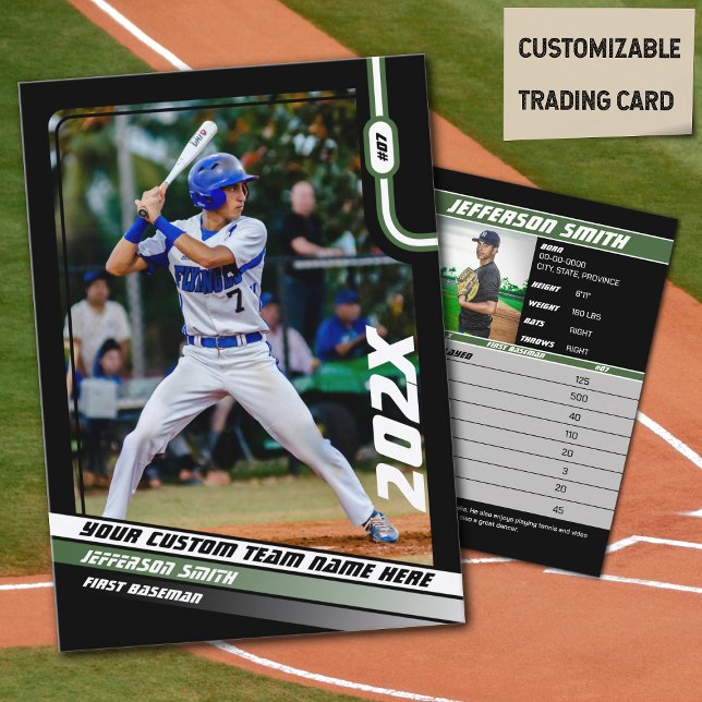 Baseball Player Trading Card Custom Green Gift  (Baseball Player Trading Card in Black with Custom Team Name and Green White Elements)
