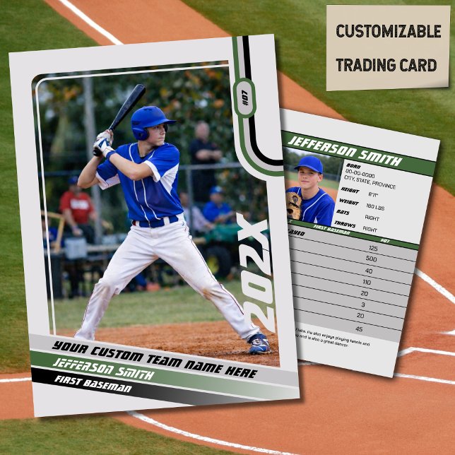 Baseball Player Trading Card Custom Green Grey  (Baseball Player Trading Card in Light Grey with Custom Team Name and Green and Black Elements)