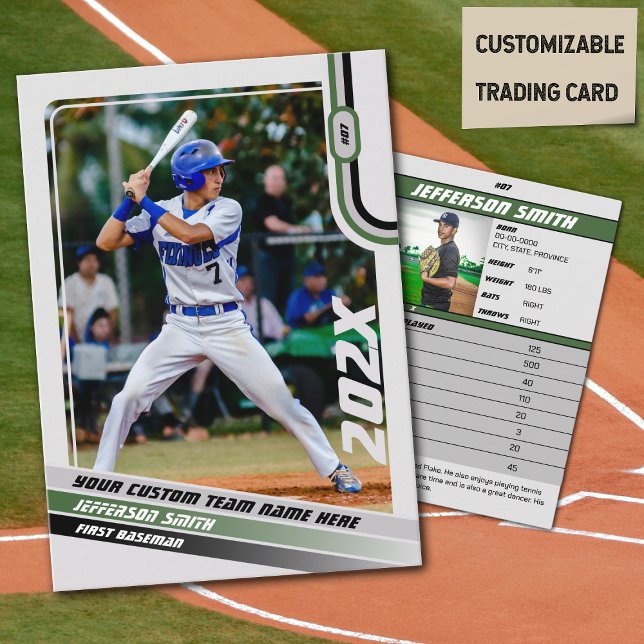 Baseball Player Trading Card Custom Green Grey  (Baseball Player Trading Card in Light Grey with Custom Team Name and Green and Black Elements)