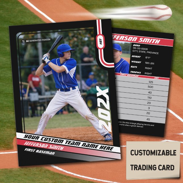 Baseball Player Trading Card Custom Red Gift  (Baseball Player Trading Card in Black with Custom Team Name and Red White Elements)