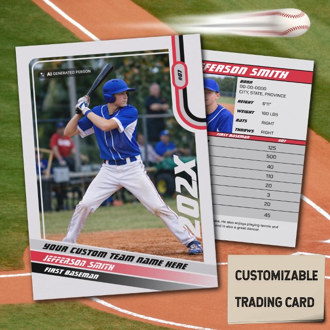 Baseball Player Trading Card Custom Red Grey (Baseball Player Trading Card in Light Grey with Custom Team Name and Red and Black Elements)