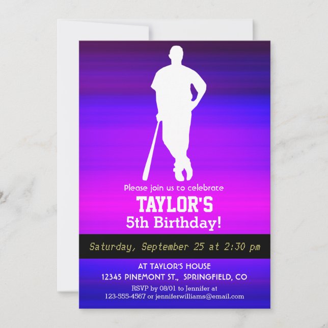 Baseball Player; Vibrant Violet Blue and Magenta Invitation (Front)