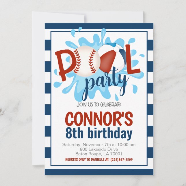 Baseball Pool Party Birthday Invitation (Front)