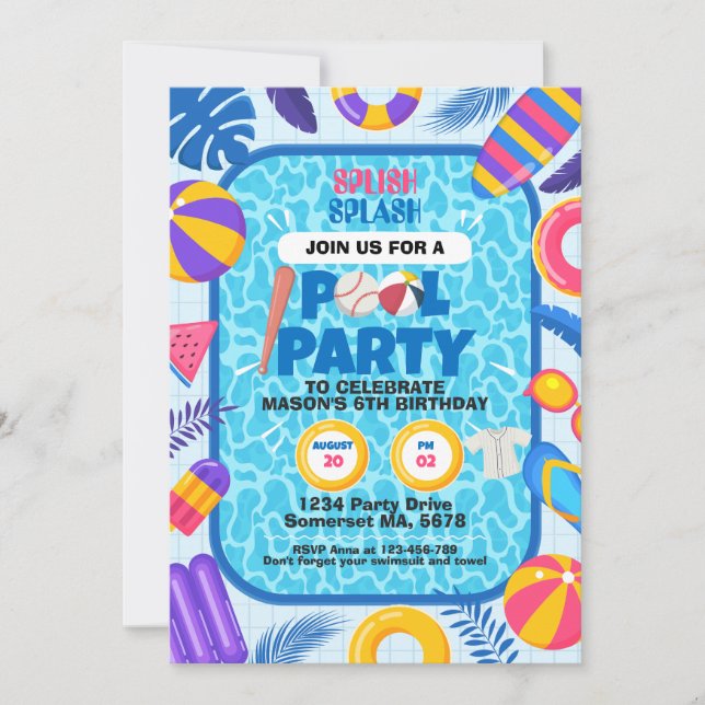 Baseball Pool Party Birthday Invitation (Front)