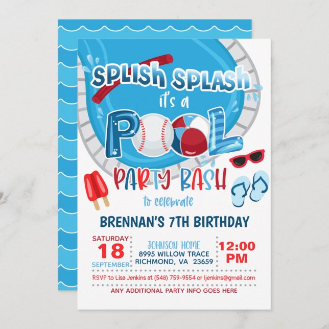 Baseball Pool Party Invitation - Boy - Wh (Front/Back)