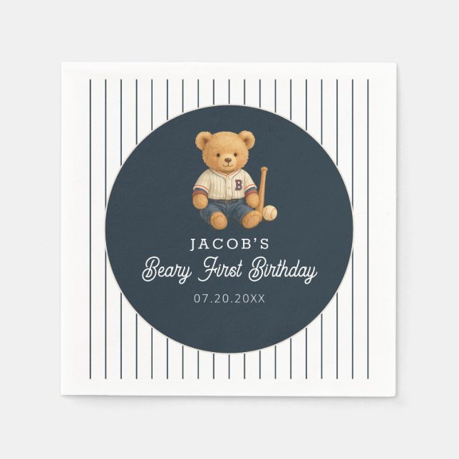 Baseball Preppy Bear 1st Birthday Napkin (Front)