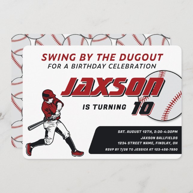 Baseball Red Black Birthday Party Invitation (Front/Back)