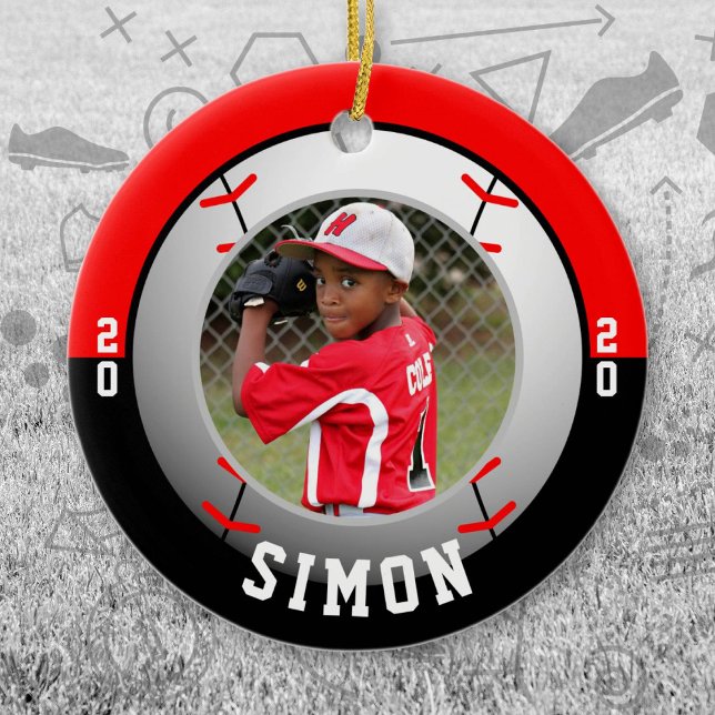 Baseball Red Black Team Colours Ceramic Tree Decoration (Red and Black Baseball Let's Go Team Ornament. Celebrate your high school or college athlete.)