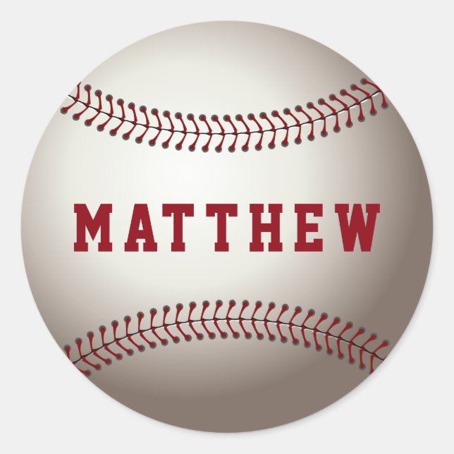 Baseball Red Personalised Name Classic Round Sticker (Front)