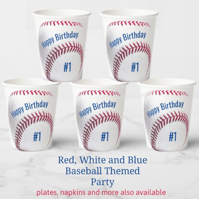 Baseball Red White and Blue Name and Age Party Paper Cups (Creator Uploaded)