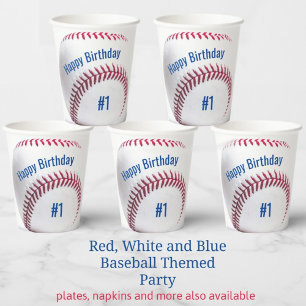 Baseball Red White and Blue Name and Age Party Paper Cups