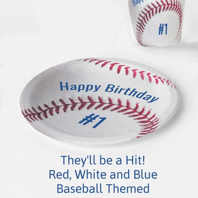 Baseball Red White and Blue with Name and Age Paper Plate (Creator Uploaded)