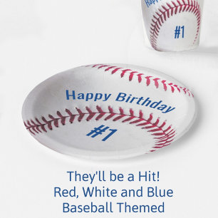 Baseball Red White and Blue with Name and Age Paper Plate