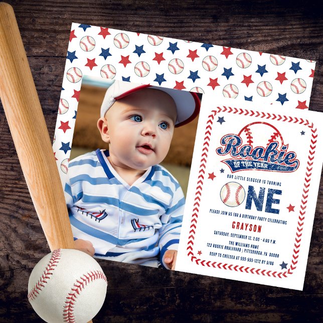 Baseball Rookie Front Photo 1st Birthday Party  Invitation (Baseball Rookie of the Year Boy's 1st Birthday Party Photo Invitation)