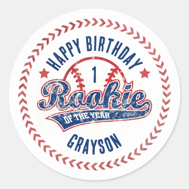 Baseball Rookie of the Year 1st Birthday Party Classic Round Sticker (Front)