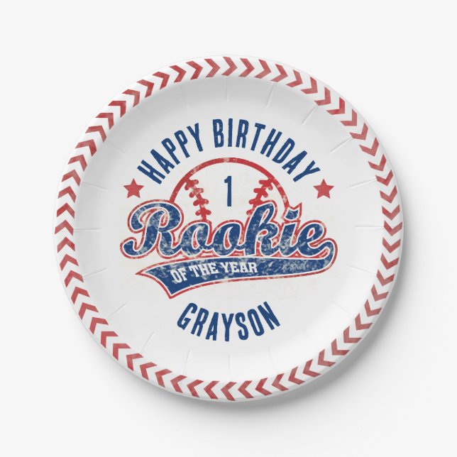 Baseball Rookie of the Year 1st Birthday Party Paper Plate (Front)