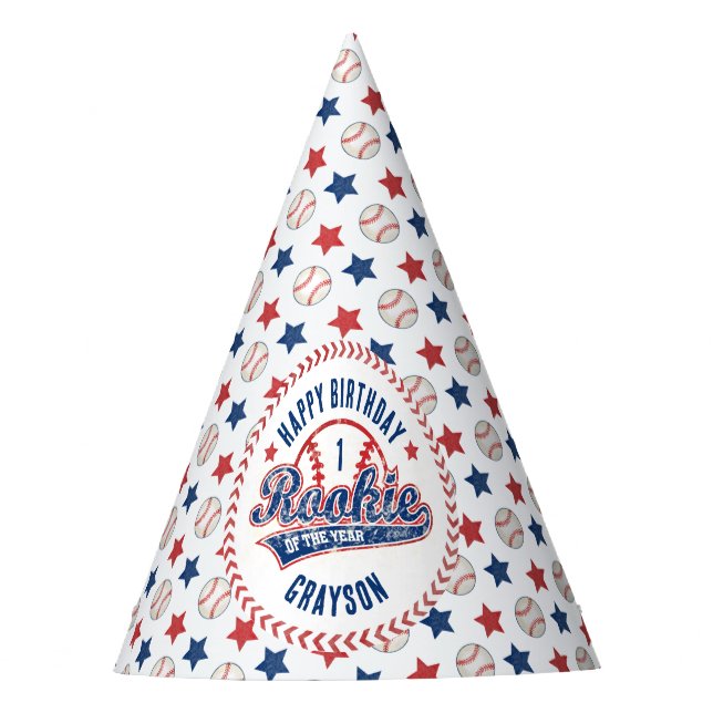 Baseball Rookie of the Year 1st Happy Birthday Party Hat (Front)