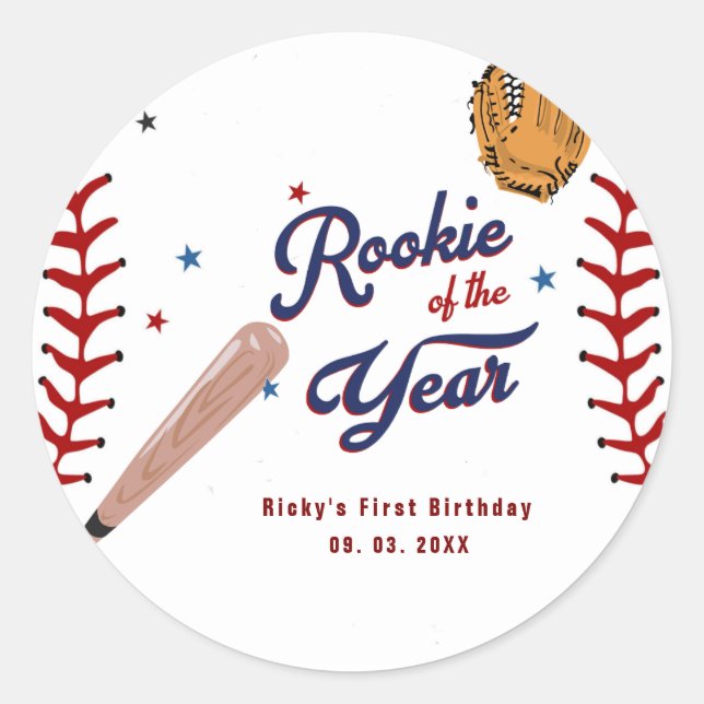 Baseball Rookie of the Year Baseball 1st Birthday  Classic Round Sticker (Front)