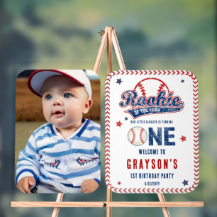 Baseball Rookie Photo 1st Birthday Party Acrylic Sign