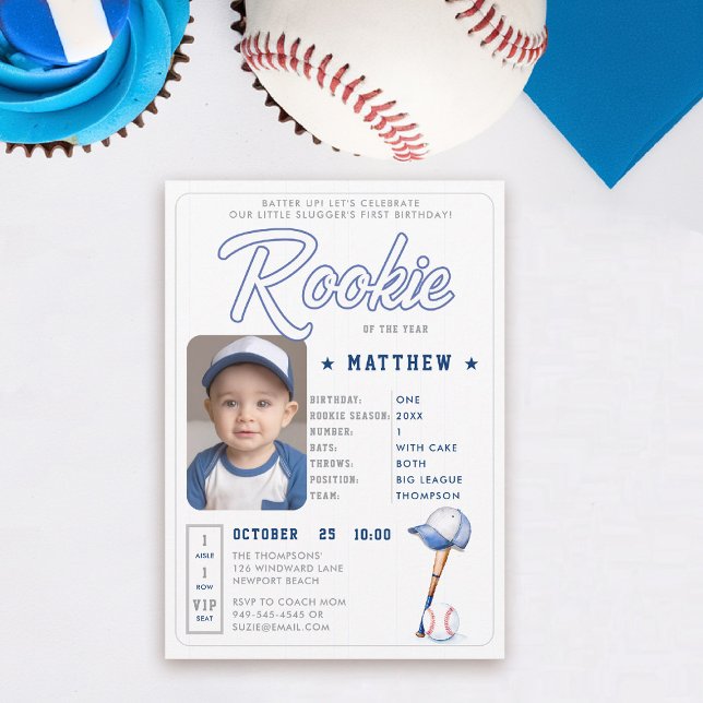 Baseball Rookie Stats Blue Photo Boy 1st Birthday Invitation (rookie of the year 1st birthday invite boy baseball theme sports player stats card ticket blue)