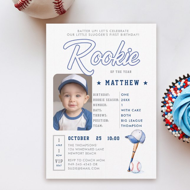 Baseball Rookie Stats Card Photo Boy 1st Birthday (rookie of the year 1st birthday invite boy baseball theme sports player stats card ticket blue card)