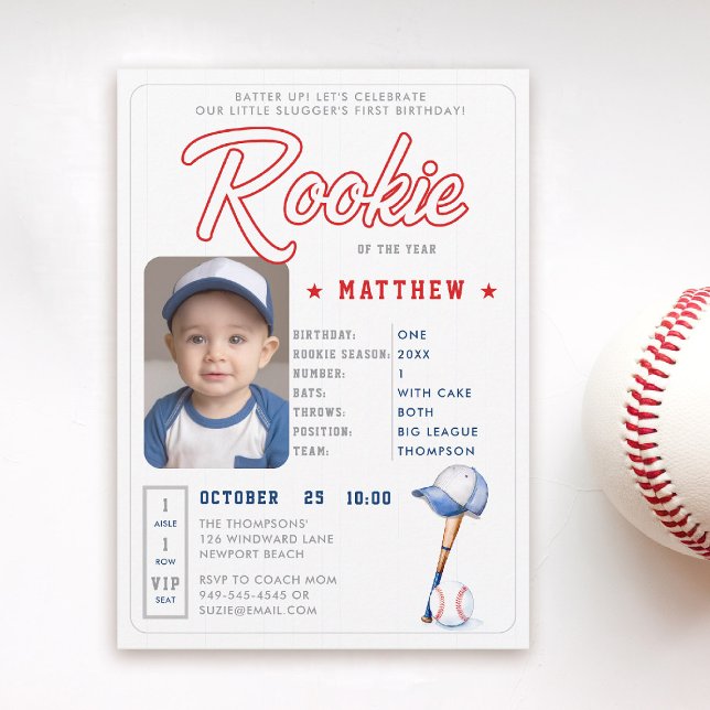 Baseball Rookie Stats Cute Photo Boy 1st Birthday Invitation (rookie of the year 1st birthday invite boy baseball theme sports player stats card ticket red blue)