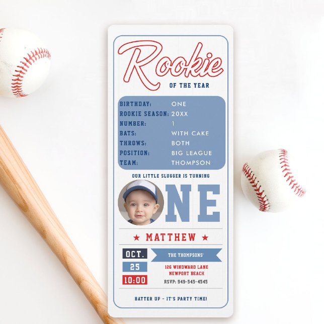 Baseball Rookie Stats Pic Ticket Boy 1st Birthday Invitation (baseball 1st birthday invite boy little slugger rookie of the year player stats ticket template)