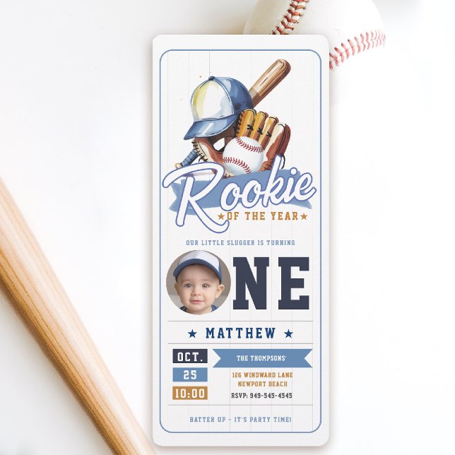Baseball Rookie Ticket Photo Blue Boy 1st Birthday Invitation (rookie of the year 1st birthday invite boy baseball theme sports ticket blue brown photo template)