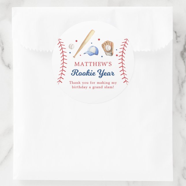 Baseball Rookie Year Birthday Thank You Classic Round Sticker (Bag)