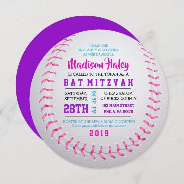 BASEBALL ROUND GIRLS Bat Mitzvah Invitation (Front/Back)